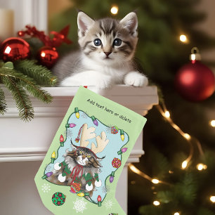 Cheeky Christmas Cat Humor Maine Coon Green Funny Small Christmas Stocking
