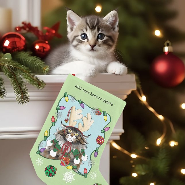 Cheeky Christmas Cat Humor Maine Coon Green Funny Small Christmas Stocking (Creator Uploaded)