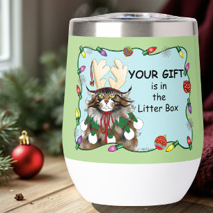 Cheeky Christmas Cat Humor Maine Coon Green Funny Thermal Wine Tumbler