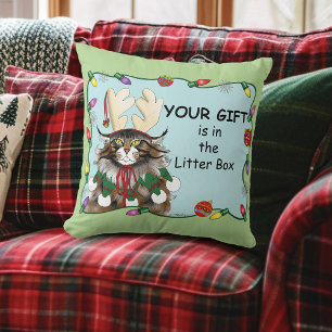 Cheeky Christmas Cat Humor Maine Coon Green Funny Throw Pillow