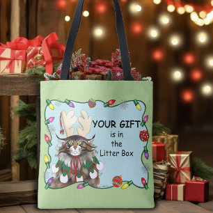 Cheeky Christmas Cat Humor Maine Coon Green Funny Tote Bag