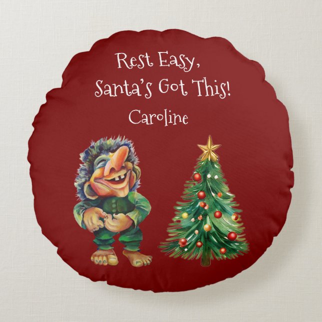 Cheeky Christmas Troll and Tree Delight  Round Pillow (Front)