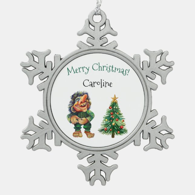 Cheeky Christmas Troll and Tree Delight  Snowflake Pewter Christmas Ornament (Front)