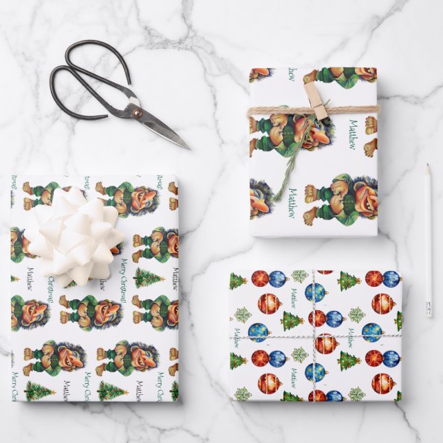 Cheeky Christmas Troll and Tree Delight  Wrapping Paper Sheets (Front)