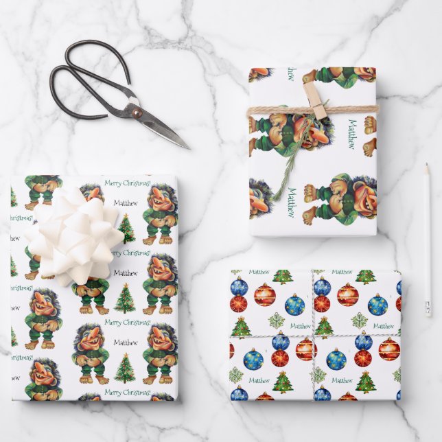 Cheeky Christmas Troll and Tree Delight  Wrapping Paper Sheets (Front)