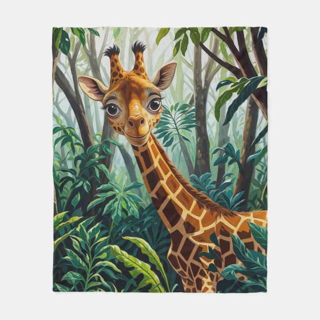 Cheeky Cute Cartoon Giraffe Hiding in Trees Fleece Blanket (Front)