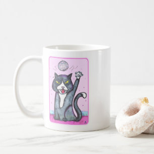 Cheeky Dancing Disco Ball Cat Cartoon Fun Art Coffee Mug