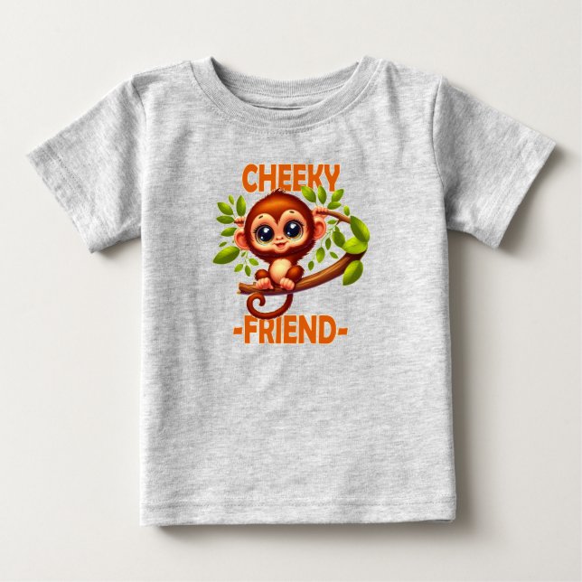 Cheeky Friend pun Cute Baby Monkey on tree cartoon Baby T-Shirt (Front)