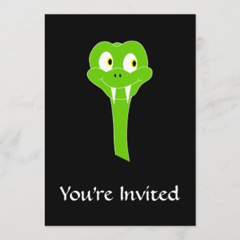Cheeky Green Snake Cartoon On Black Invitation by Animal_Art_By_Ali at Zazzle