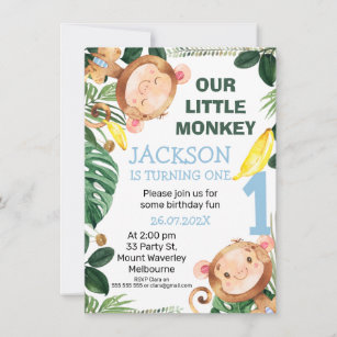 Cheeky Little Monkey Bananas Boys 1st Birthday Invitation