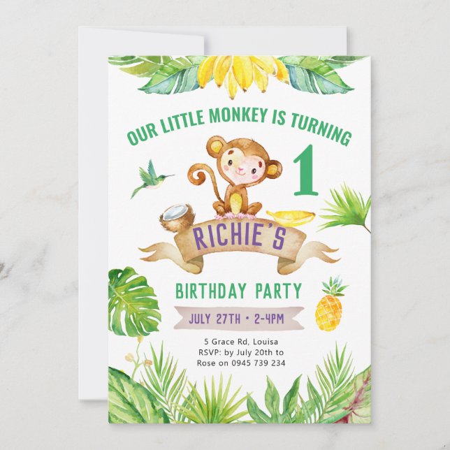 Cheeky Little Monkey Invitation, Zoo party Invitation (Front)