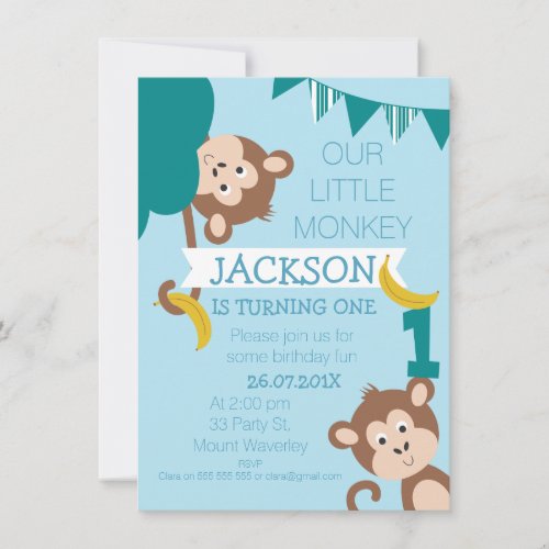 Cheeky Monkey Bananas Boys 1st Birthday Invitation