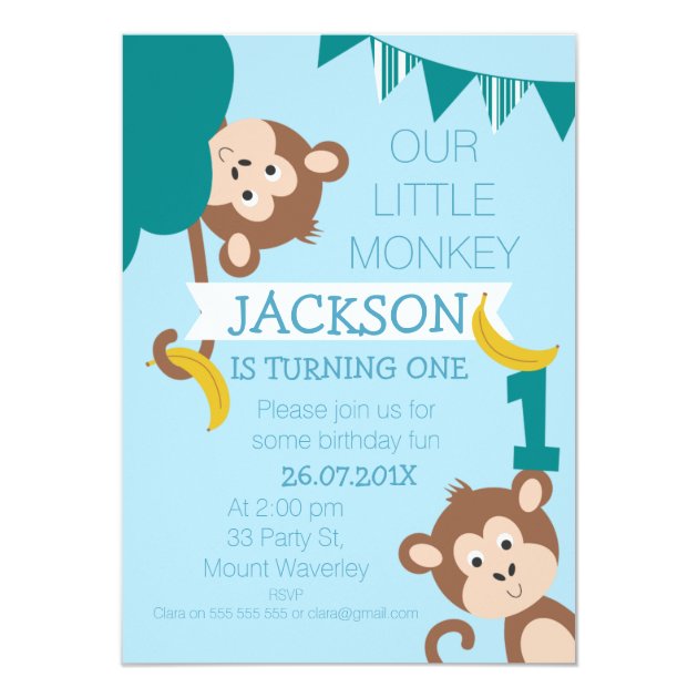 Cheeky Monkey Bananas Boys 1st Birthday Invitation