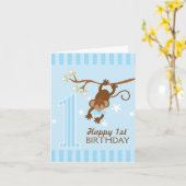 Cheeky Monkey Blue Stripes Happy 1st Birthday Card | Zazzle