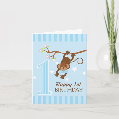 Cheeky Monkey Blue Stripes Happy 1st Birthday Card