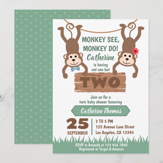 Cheeky Monkey Boy & Girl Twins Baby Shower Invitation (Front/Back)