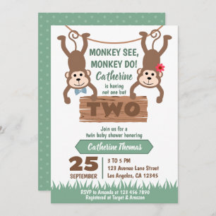 Cheeky Monkey Boy & Girl Twins Baby Shower Invitation