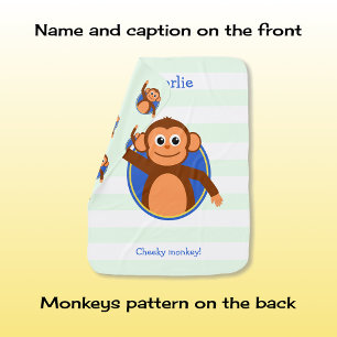 Cheeky monkey custom text mint green stripes baby blanket