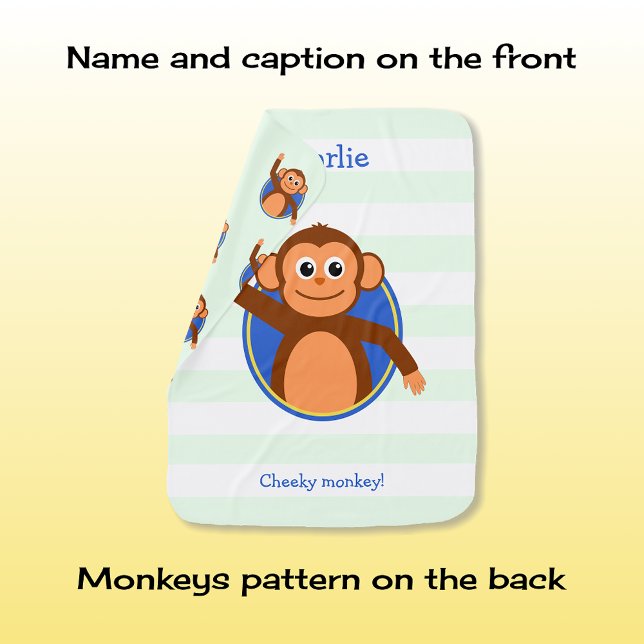 Cheeky monkey custom text mint green stripes baby blanket (Creator Uploaded)