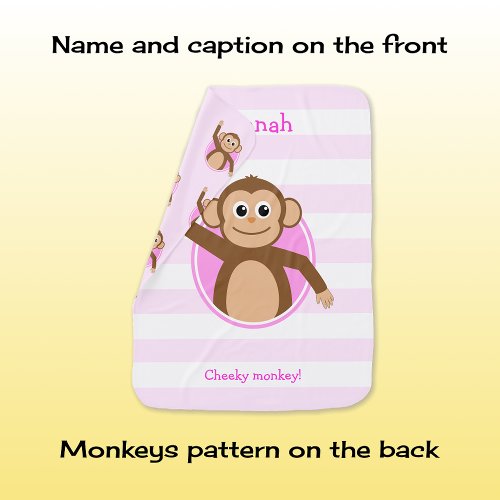 Cheeky monkey custom text PINK WHITE stripes Baby Blanket