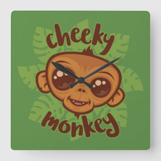 Cheeky Monkey Cute Cartoon Primate Drawing Square Wall Clock