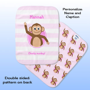 Cheeky monkey personalized pink striped baby burp cloth