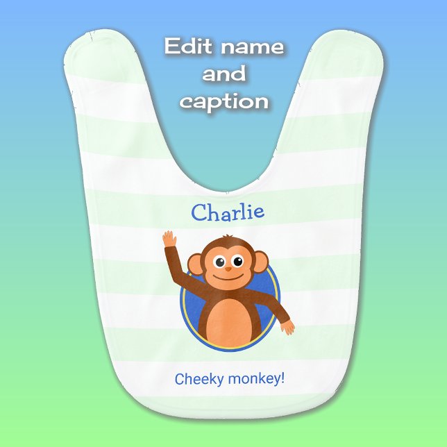 Cheeky monkey personalized striped baby bib (Creator Uploaded)