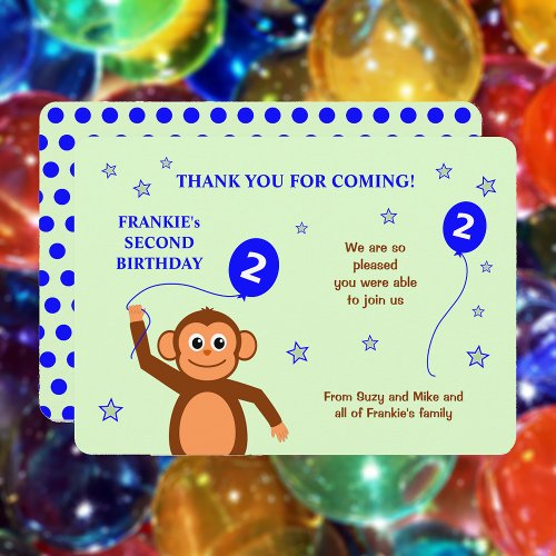 Cheeky monkey second birthday party thank you card