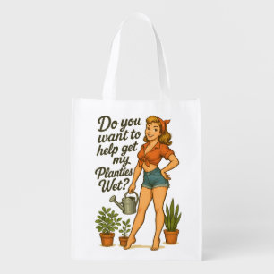Cheeky Pin-Up Gardener Planties Pun Design Grocery Bag