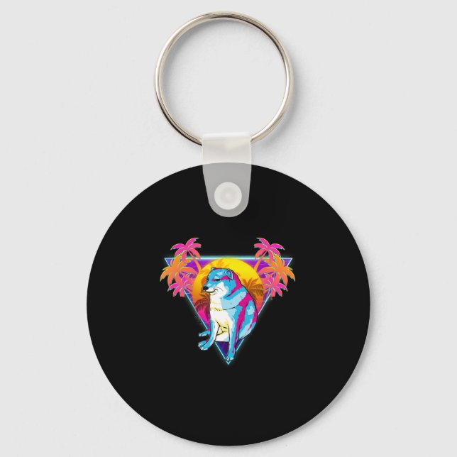 Cheems Dog Funny Shiba Inu Thanks Meme 80s Vaporwa Keychain (Front)