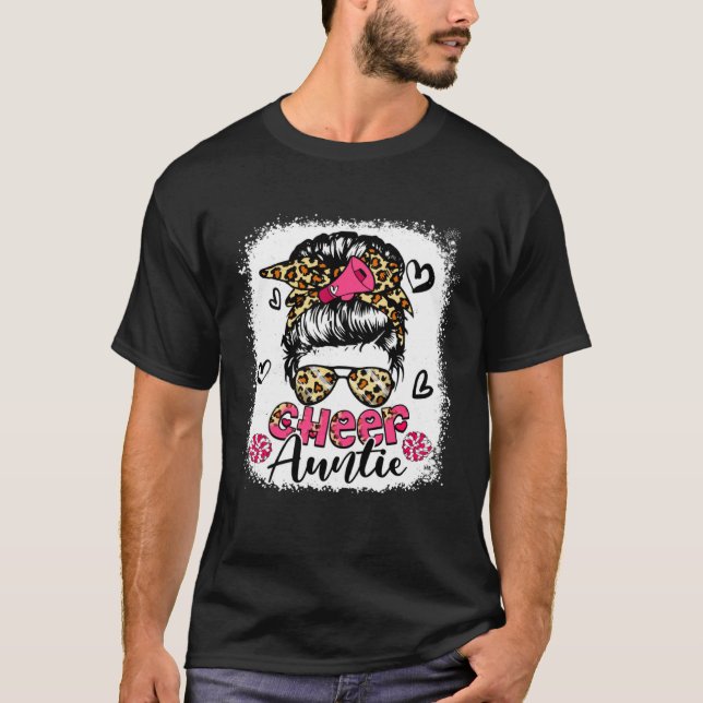 Cheer Auntie Leopard Cute Messy Bun Hair Cheerlead T-Shirt (Front)