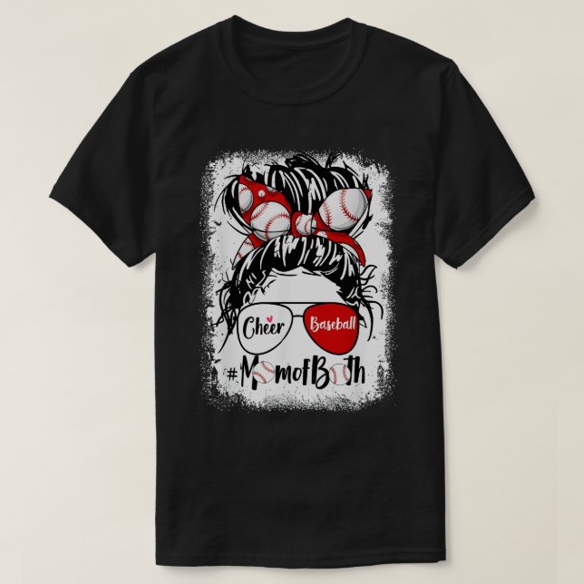 Cheer Baseball Mom Of Both Messy Bun Hair Glasses  T-Shirt (Design Front)
