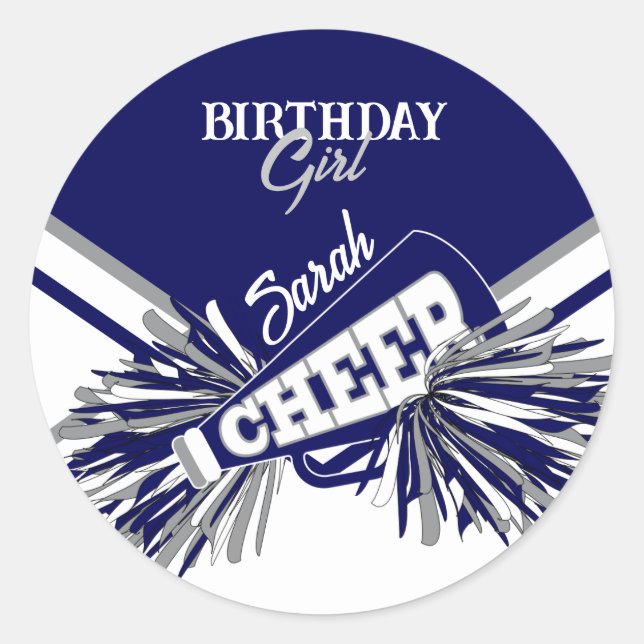 Cheer Birthday - Navy Blue, Gray and White Classic Round Sticker (Front)
