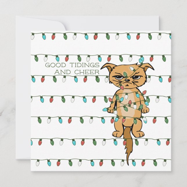 Cheer Cat Funny Tangled Kitty in Xmas Lights Ivory Holiday Card (Front)