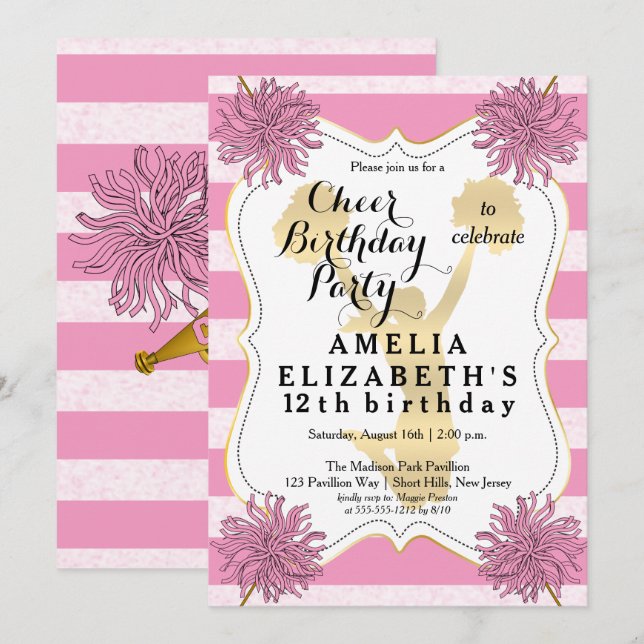 Cheer Cheerleader Pink | Gold Girl Birthday Party Invitation (Front/Back)