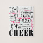 cheer cheerleading pink and black jigsaw puzzle<br><div class="desc">Pink and black text with silhouette.  Great gift for any cheer team,  cheerleader,  cheer couch,  cheer mom.</div>