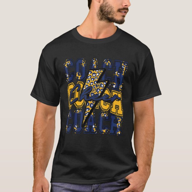 Cheer Coach Lightning Bolt Cheer Leopard Navy Gold T-Shirt (Front)