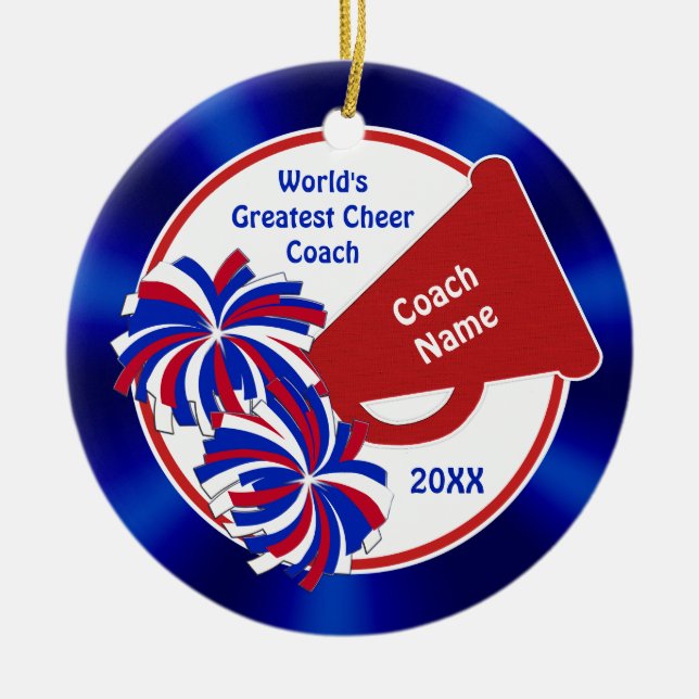Cheer Coach Ornaments, Personalized Red White Blue Ceramic Ornament (Front)