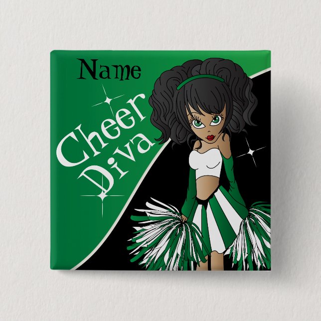 Cheer Diva Cheerleader Girl | DIY Name | Green Button (Front)