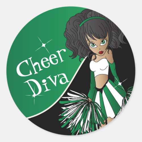 Cheer Diva Girl   Cheerleader in Green Classic Round Sticker