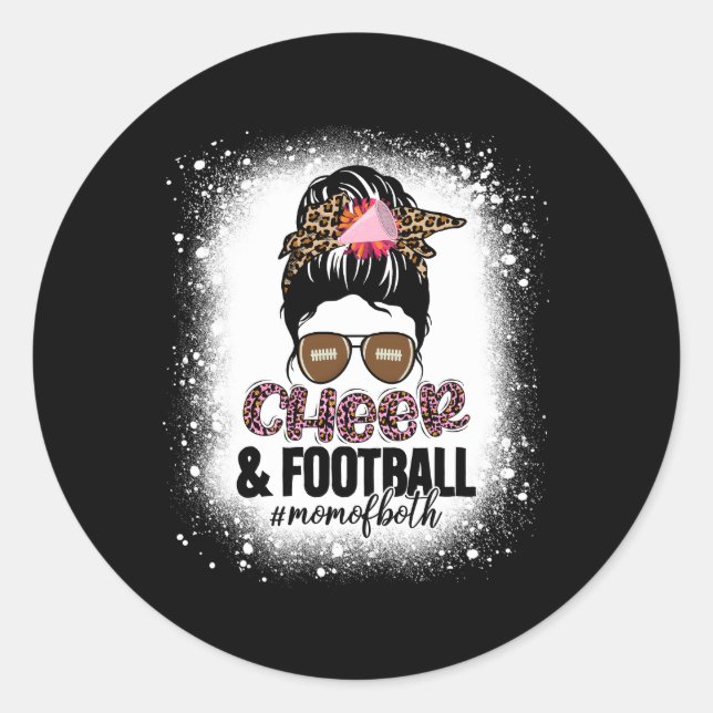 Cheer Football Cheerleading Mom Of Both Messy Bun  Classic Round Sticker (Front)