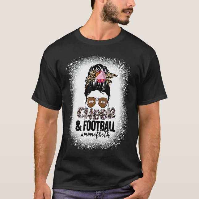 Cheer Football Cheerleading Mom Of Both Messy Bun  T-Shirt (Front)