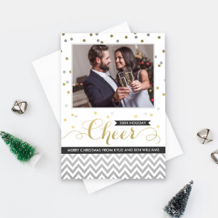 Cheer Gold Confetti Couple Photo Holiday Card