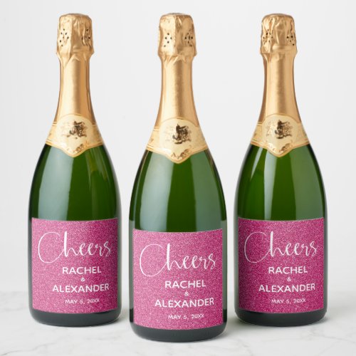 CHEER Hot Pink Glitter Wedding Sparkling Wine Labe Sparkling Wine Label