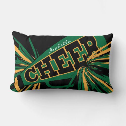 Cheer Megaphone  _ Green and Gold Cheerleader Lumbar Pillow