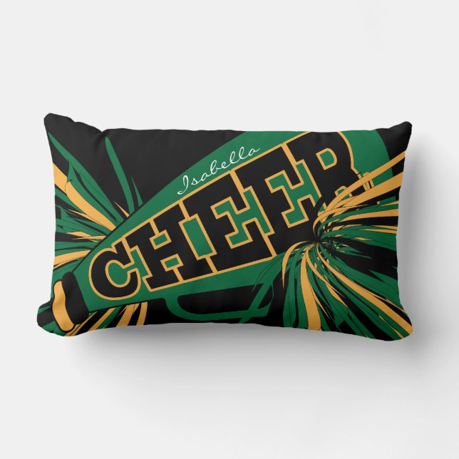 Cheer Megaphone 📣 - Green and Gold Cheerleader Lumbar Pillow (Front)