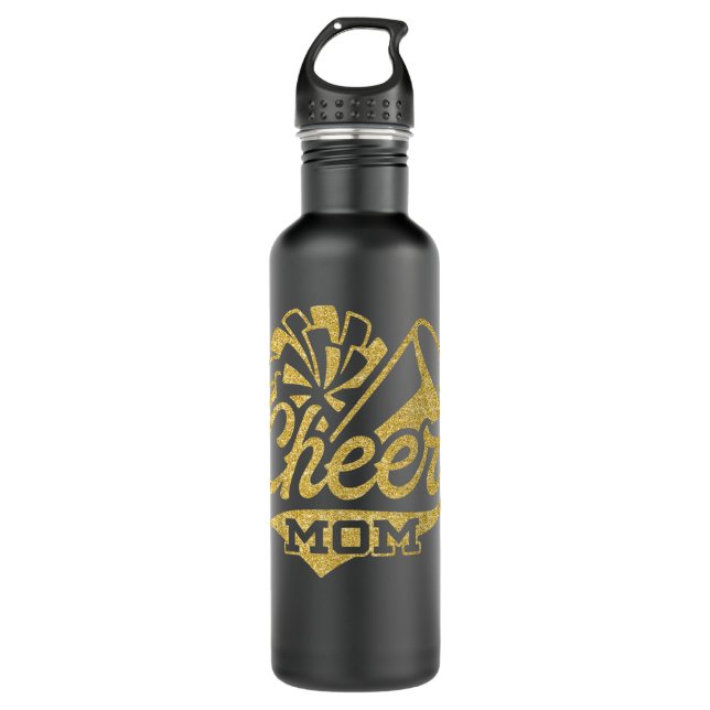 Cheer Mom Biggest Fan Cheerleader Black Yellow Gol Stainless Steel Water Bottle (Front)