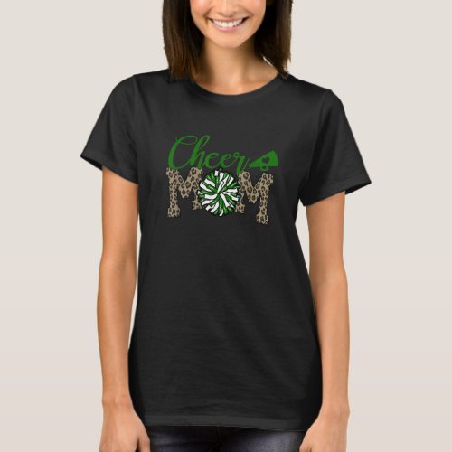 Cheer Mom Biggest Fan Leopard Print Dark Green Pom T_Shirt
