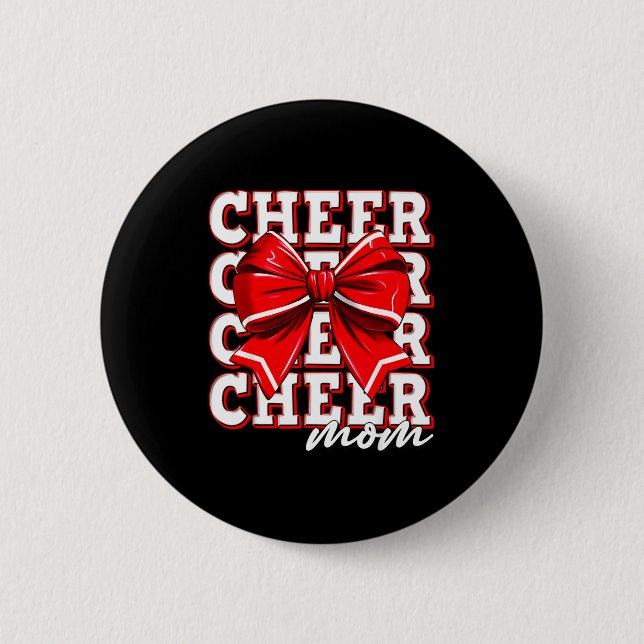 Cheer Mom Cheerleader Bow Biggest Fan Red Team  Button (Front)