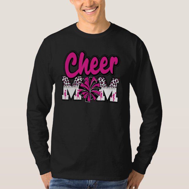 Cheer Mom Hot Pink Black Leopard Letters Cheer Pom T-Shirt (Front)